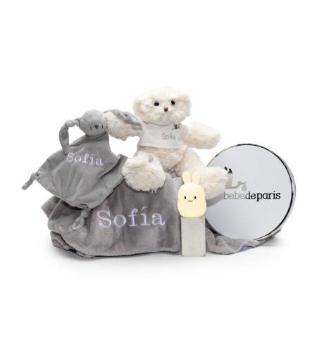 Lámpara de Luz + Oso de Peluche + Doudou y Manta Bordada con Nombre de Bebé