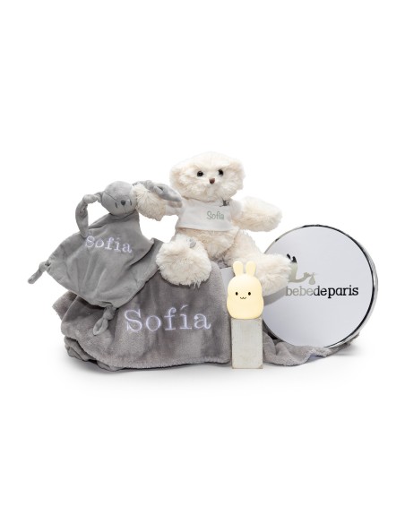 Lámpara de Luz + Oso de Peluche + Doudou y Manta Bordada con Nombre de Bebé